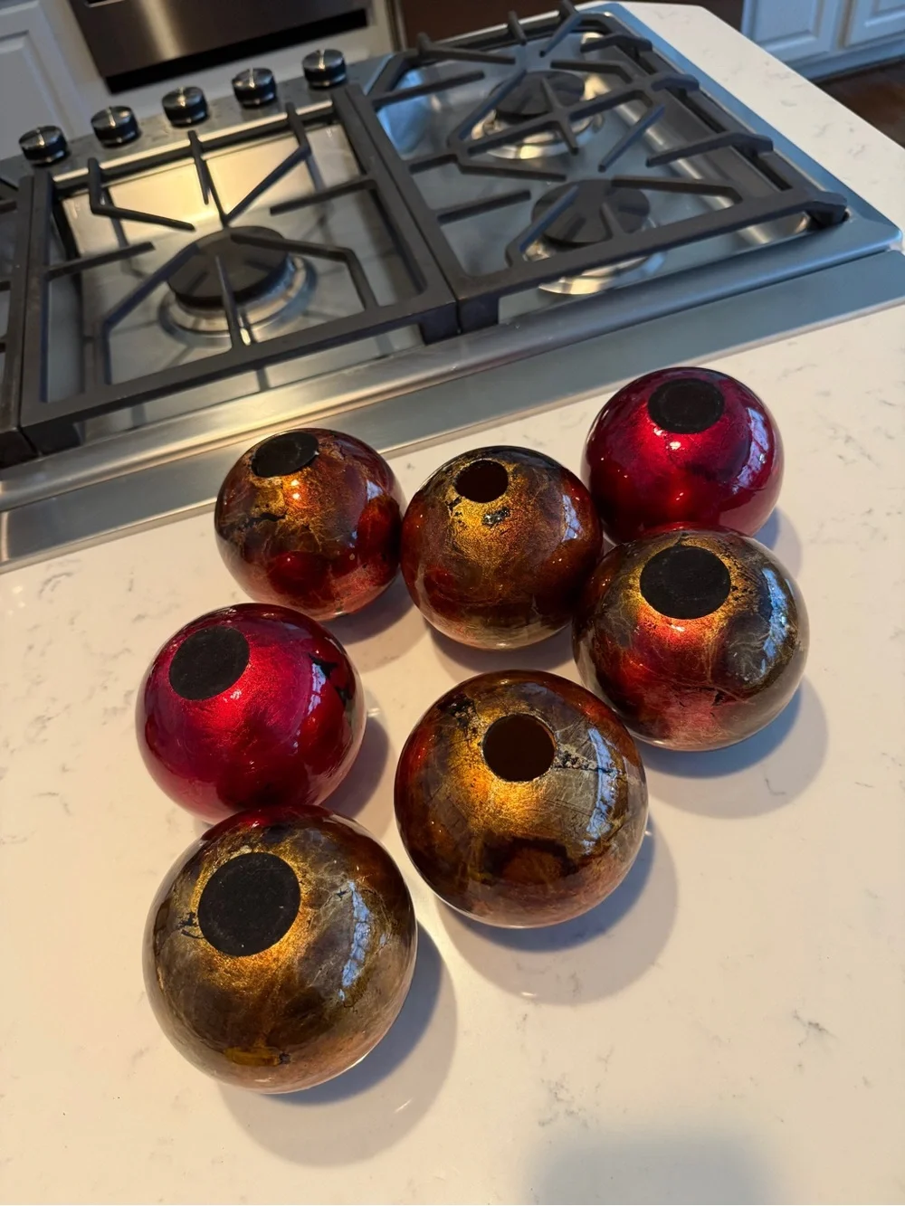 Set of 7 Red Gold Mercury Glass Decorative Orbs Spheres 4” Holiday Decor